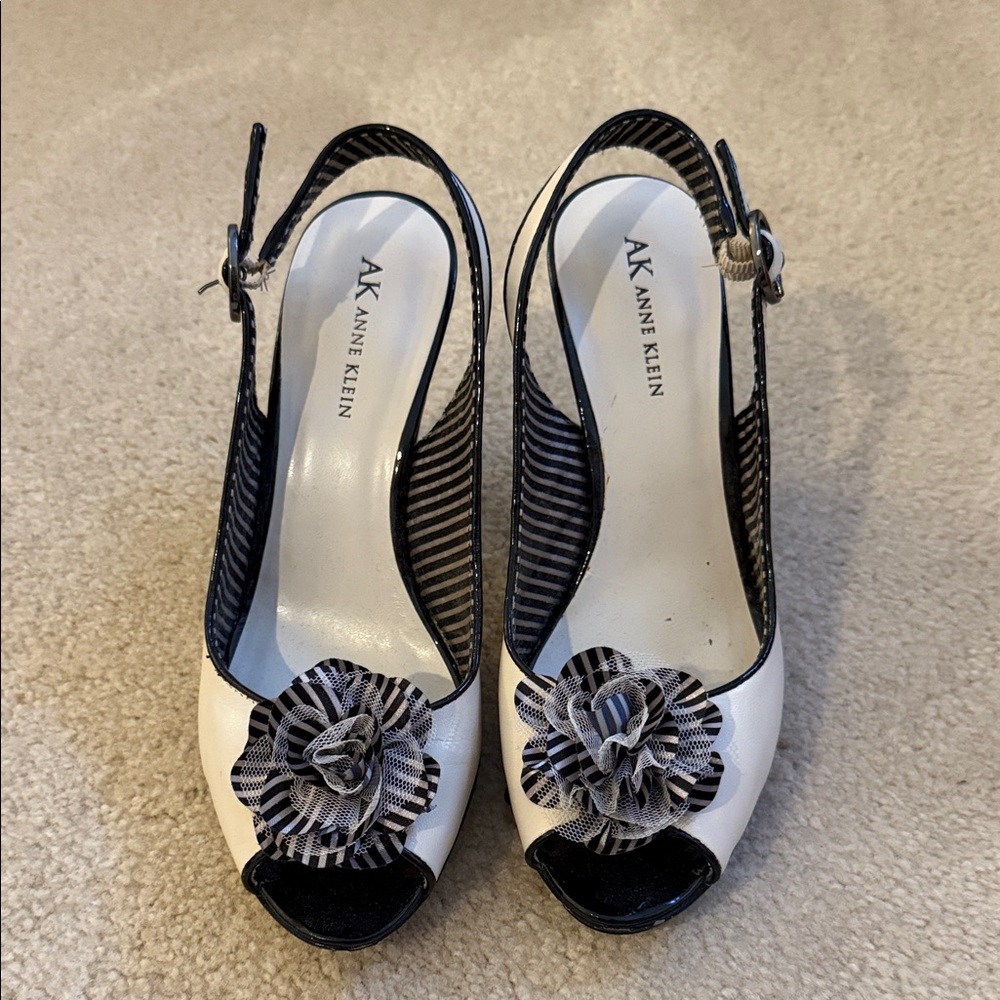 Anne Klein Black and White Striped Peep Toe Heels